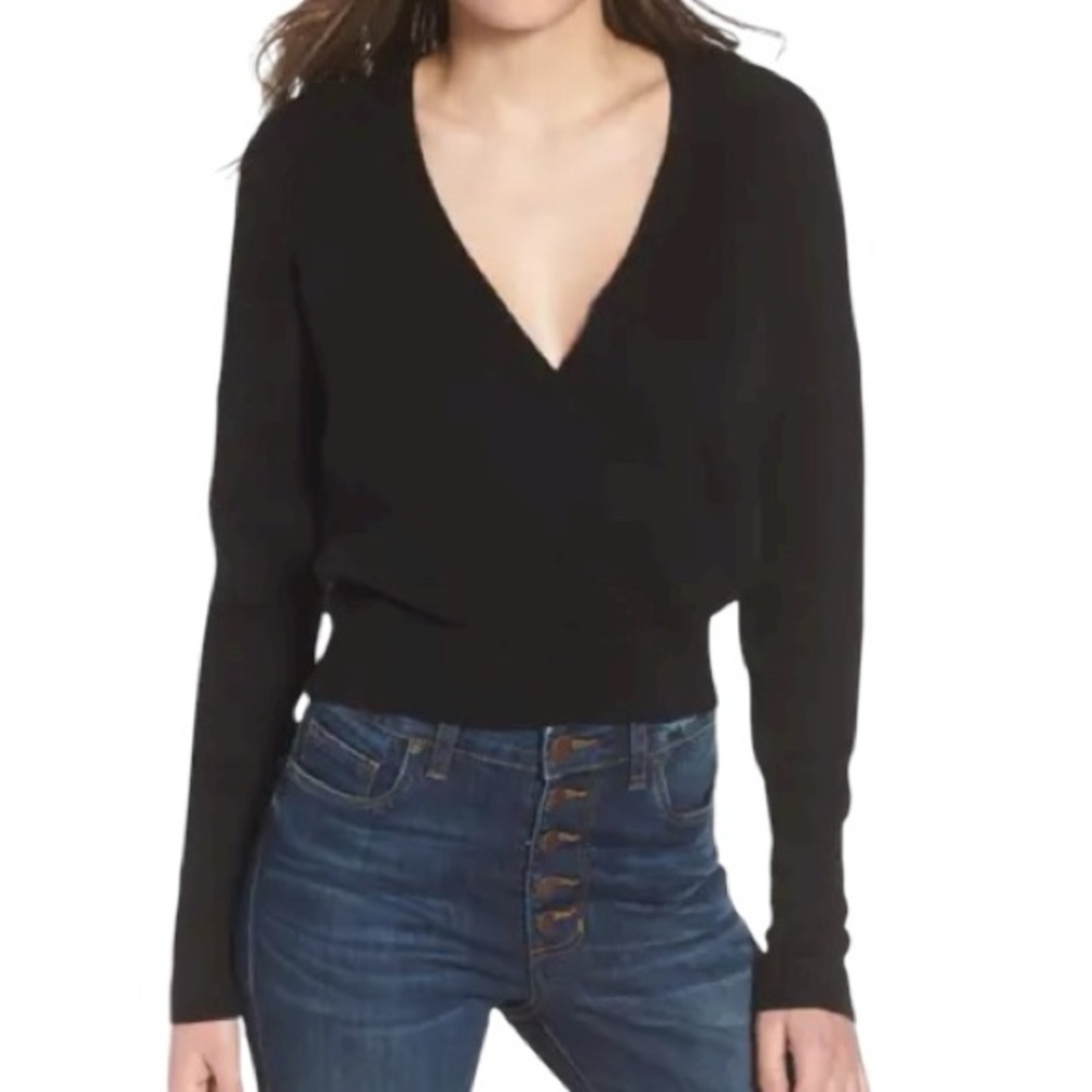 Leith Black Ribbed Wrap Sweater XXS • Deep V Surplice Long Sleeve Knit Top